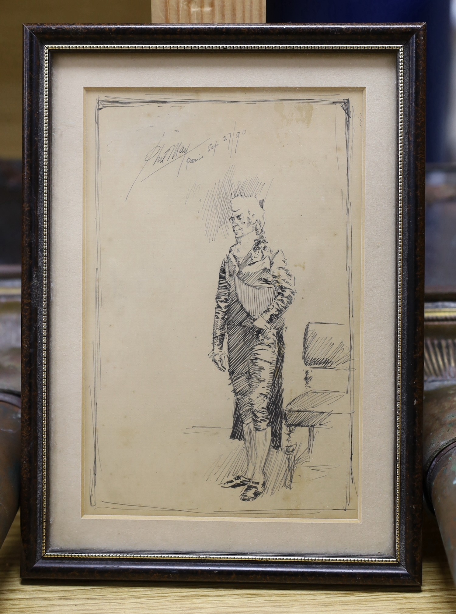 Phil May (1864-1903), pen and ink, Sketch of a standing Georgian gentleman, signed and dated Paris 90, 16 x 10cm